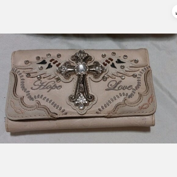Western Rhinestone Cross Handbag & Wallet Set Tooled Embroidered Purse beige - Picture 7 of 9